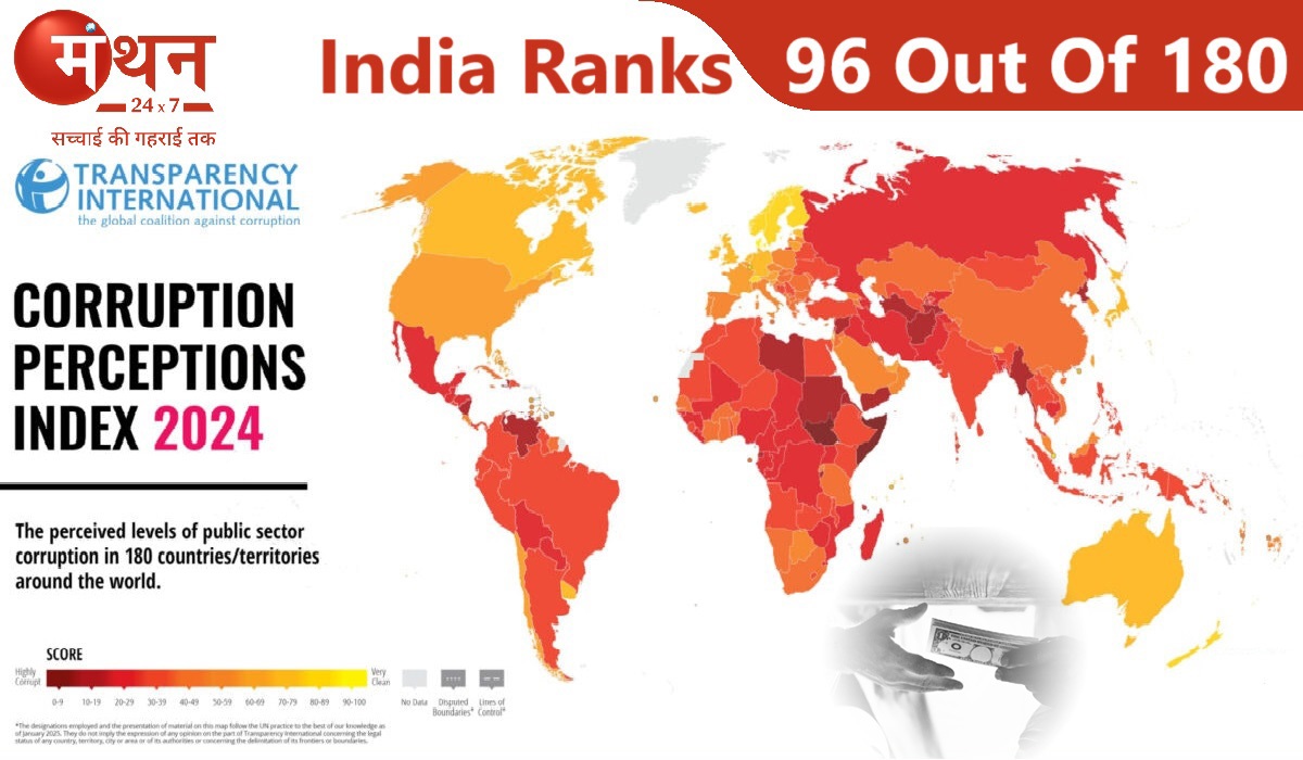 180 भ्रष्ट देशों में भारत 96वें स्थान पर, मोदी सरकार के कार्यकाल में नहीं हुआ कोई सुधार, 2013 में 94वें स्थान पर था भारत।